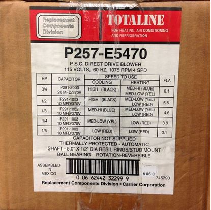 Picture of 115v 1/5-3/4hp 1075rpm Motor for Carrier Part# P257-E5470