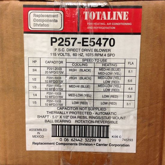 Picture of 115v 1/5-3/4hp 1075rpm Motor for Carrier Part# P257-E5470