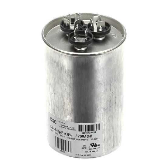 Picture of York Dual Run Capacitor, 60/5Mfd,370v,round Part# S1-02425033700